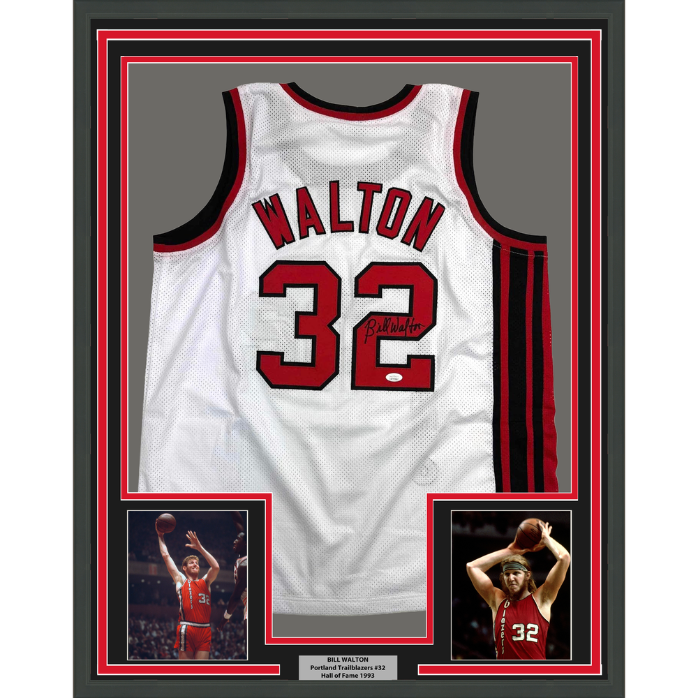 Framed Autographed/Signed Bill Walton 35x39 Portland White Basketball Jersey JSA COA