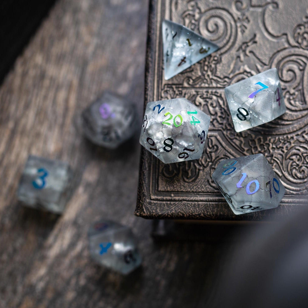 Black Inked Lightning Cracked Glass DND Dice Set (ONLINE ORDER ONLY)