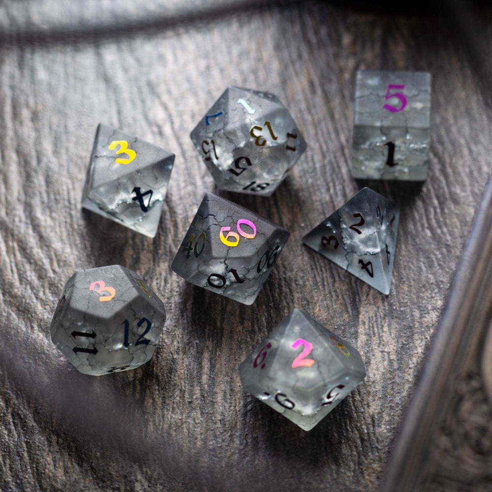 Black Inked Lightning Cracked Glass DND Dice Set (ONLINE ORDER ONLY)