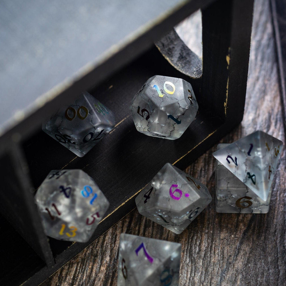 Black Inked Lightning Cracked Glass DND Dice Set (ONLINE ORDER ONLY)