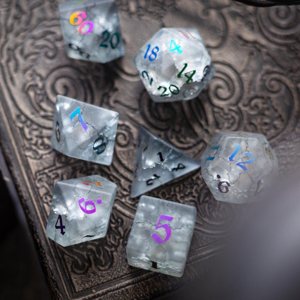 Black Inked Lightning Cracked Glass DND Dice Set (ONLINE ORDER ONLY)