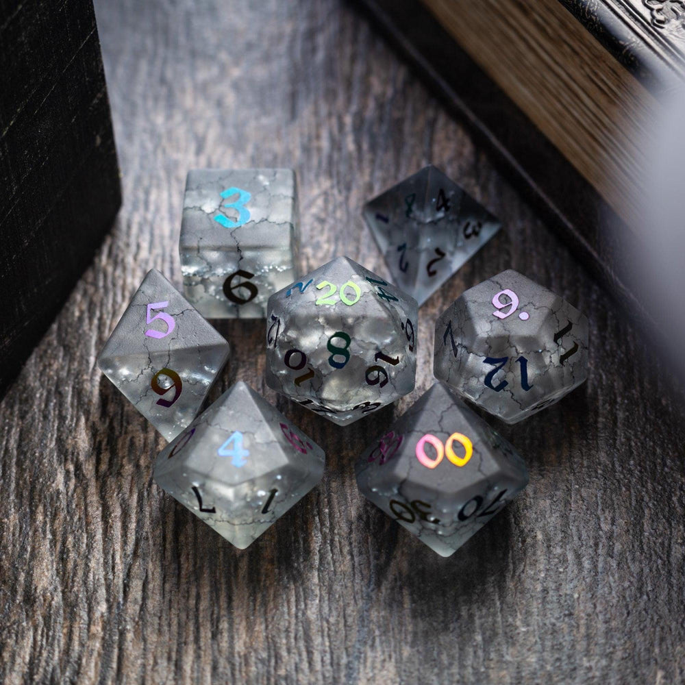 Black Inked Lightning Cracked Glass DND Dice Set (ONLINE ORDER ONLY)