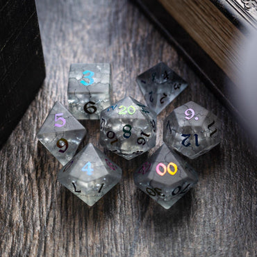 Black Inked Lightning Cracked Glass DND Dice Set (ONLINE ORDER ONLY)