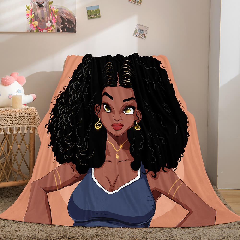 Black African Girl Flannel Blanket Throw Blanket (Online Order Only)