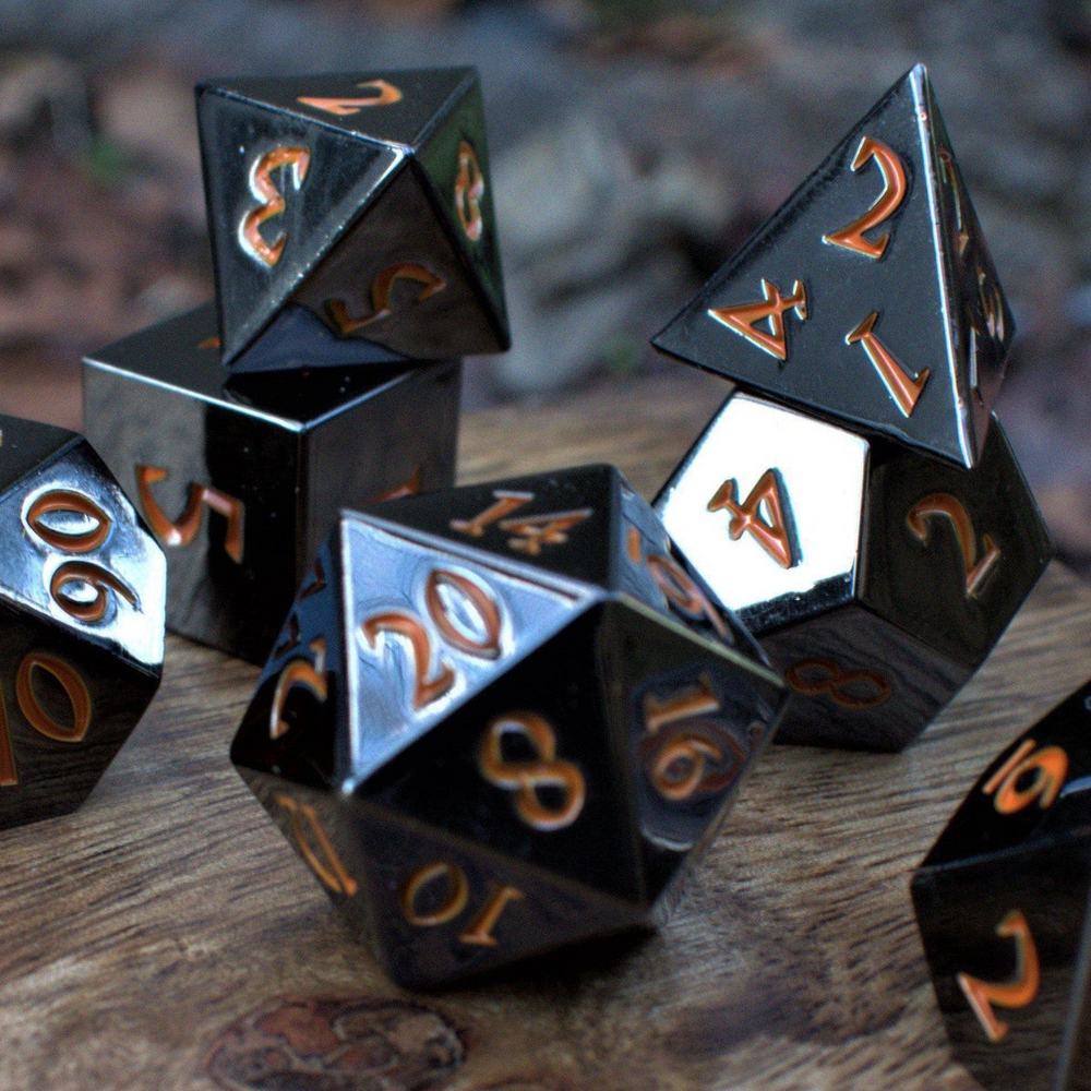 PRE-ORDER || Black and Orange Sharp-Edged Metal Dice Set
