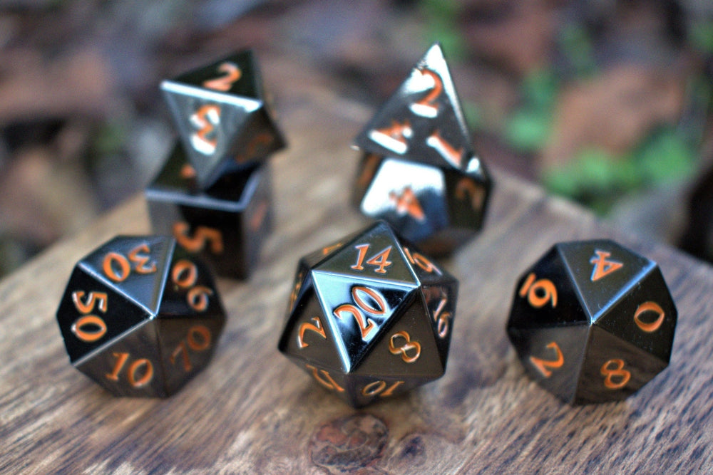 PRE-ORDER || Black and Orange Sharp-Edged Metal Dice Set