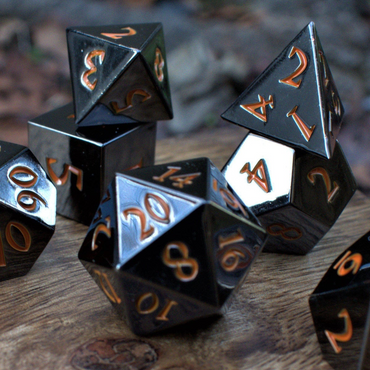 PRE-ORDER || Black and Orange Sharp-Edged Metal Dice Set