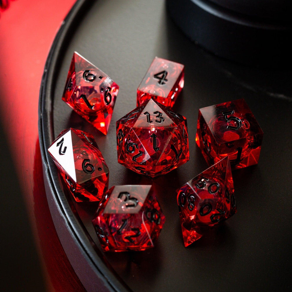 Blood Red Glitter Liquid Core Handmade Resin DND Dice Set (ONLINE ORDER ONLY)
