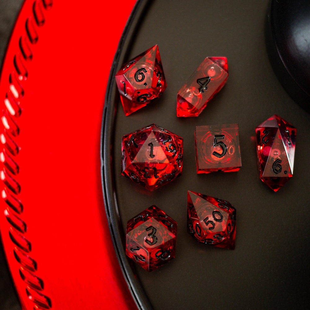 Blood Red Glitter Liquid Core Handmade Resin DND Dice Set (ONLINE ORDER ONLY)