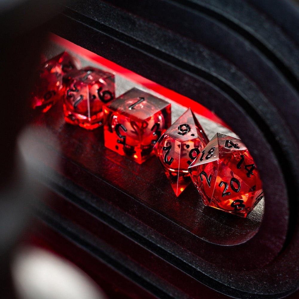 Blood Red Glitter Liquid Core Handmade Resin DND Dice Set (ONLINE ORDER ONLY)