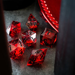 Blood Red Glitter Liquid Core Handmade Resin DND Dice Set (ONLINE ORDER ONLY)