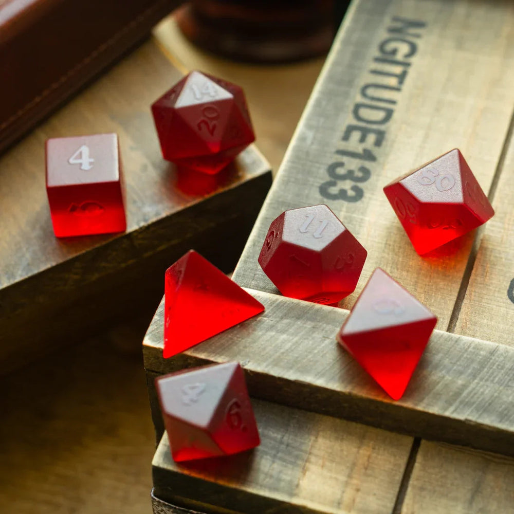 Blood Red Raised Zircon Glass Hand Carved DND Dice Set (ONLINE ORDER ONLY)