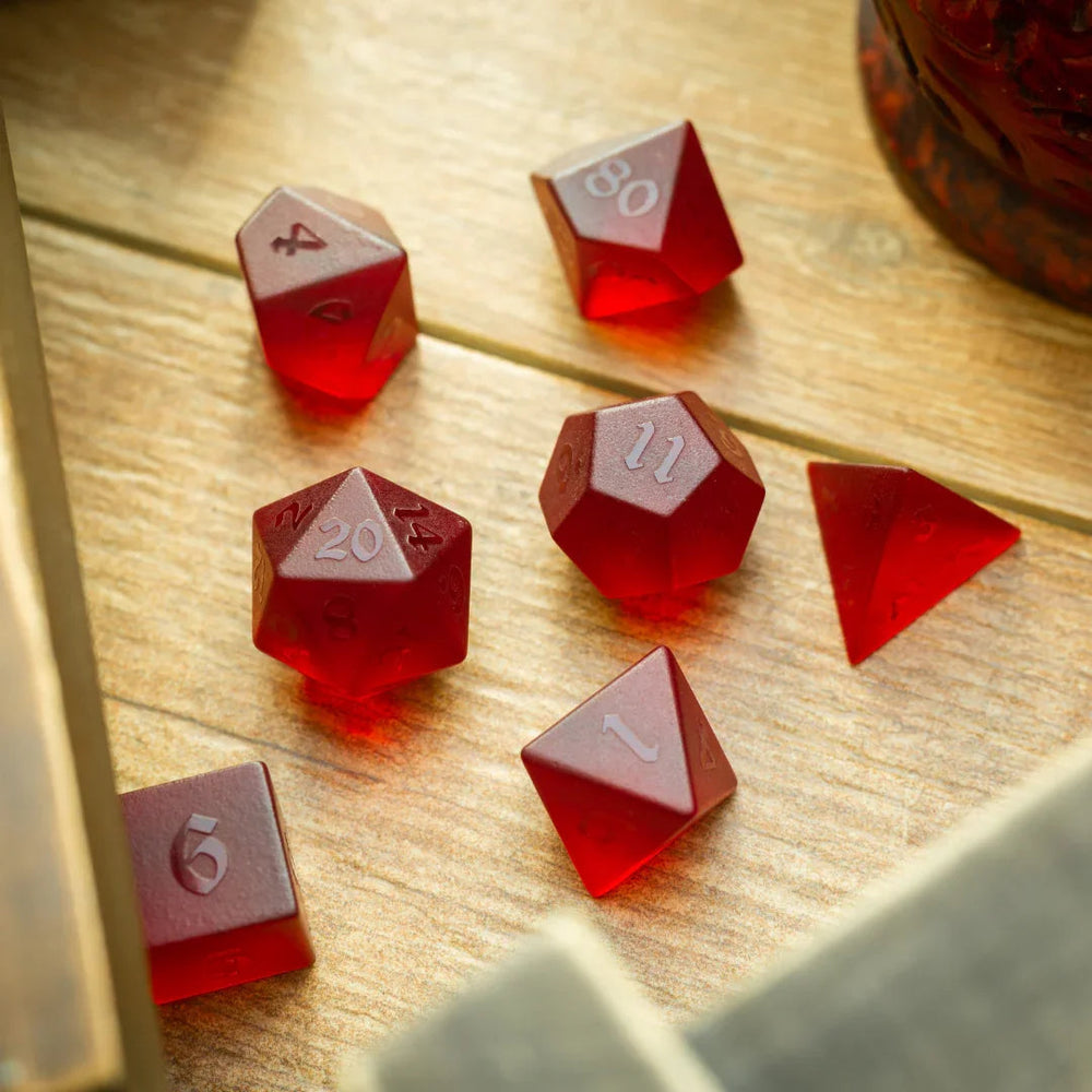 Blood Red Raised Zircon Glass Hand Carved DND Dice Set (ONLINE ORDER ONLY)