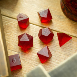 Blood Red Raised Zircon Glass Hand Carved DND Dice Set (ONLINE ORDER ONLY)