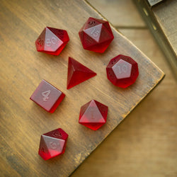 Blood Red Raised Zircon Glass Hand Carved DND Dice Set (ONLINE ORDER ONLY)