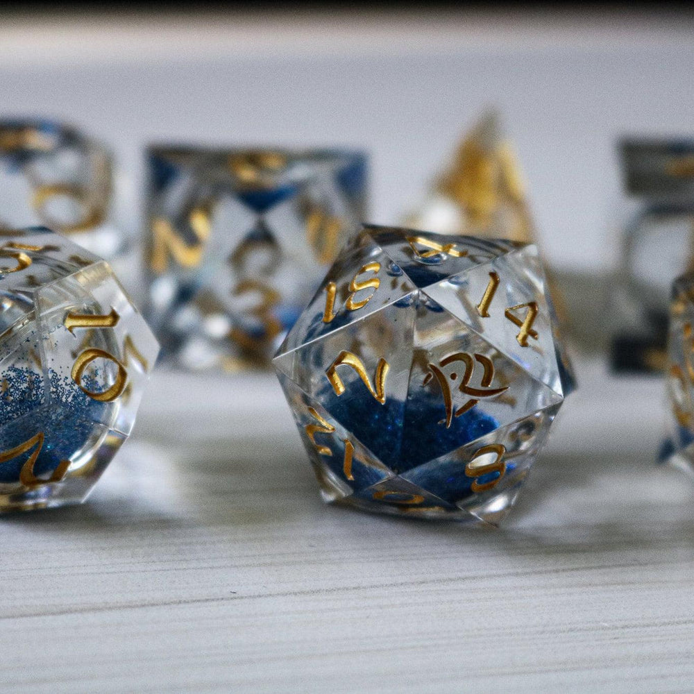 Blue Glitter Liquid Core Handmade Sharp Edge Resin DND Dice Set (ONLINE ORDER ONLY)