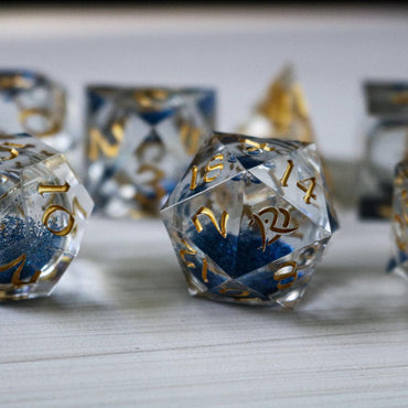 Blue Glitter Liquid Core Handmade Sharp Edge Resin DND Dice Set (ONLINE ORDER ONLY)