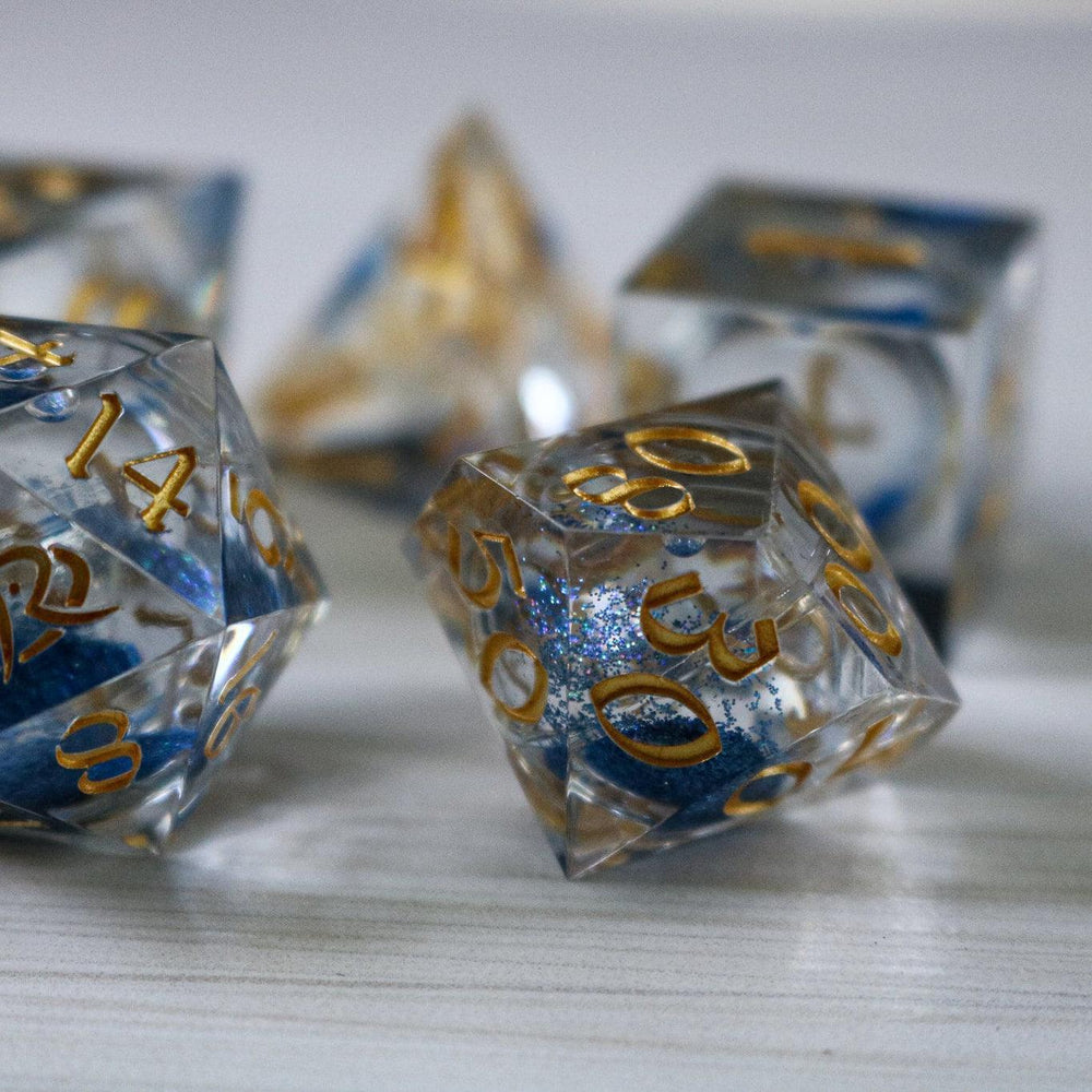 Blue Glitter Liquid Core Handmade Sharp Edge Resin DND Dice Set (ONLINE ORDER ONLY)