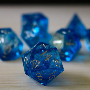 Blue Glitter Liquid Core Sharp Edge Handmade Resin DND Dice Set (ONLINE ORDER ONLY)
