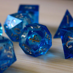 Blue Glitter Liquid Core Sharp Edge Handmade Resin DND Dice Set (ONLINE ORDER ONLY)