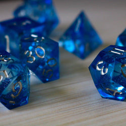 Blue Glitter Liquid Core Sharp Edge Handmade Resin DND Dice Set (ONLINE ORDER ONLY)