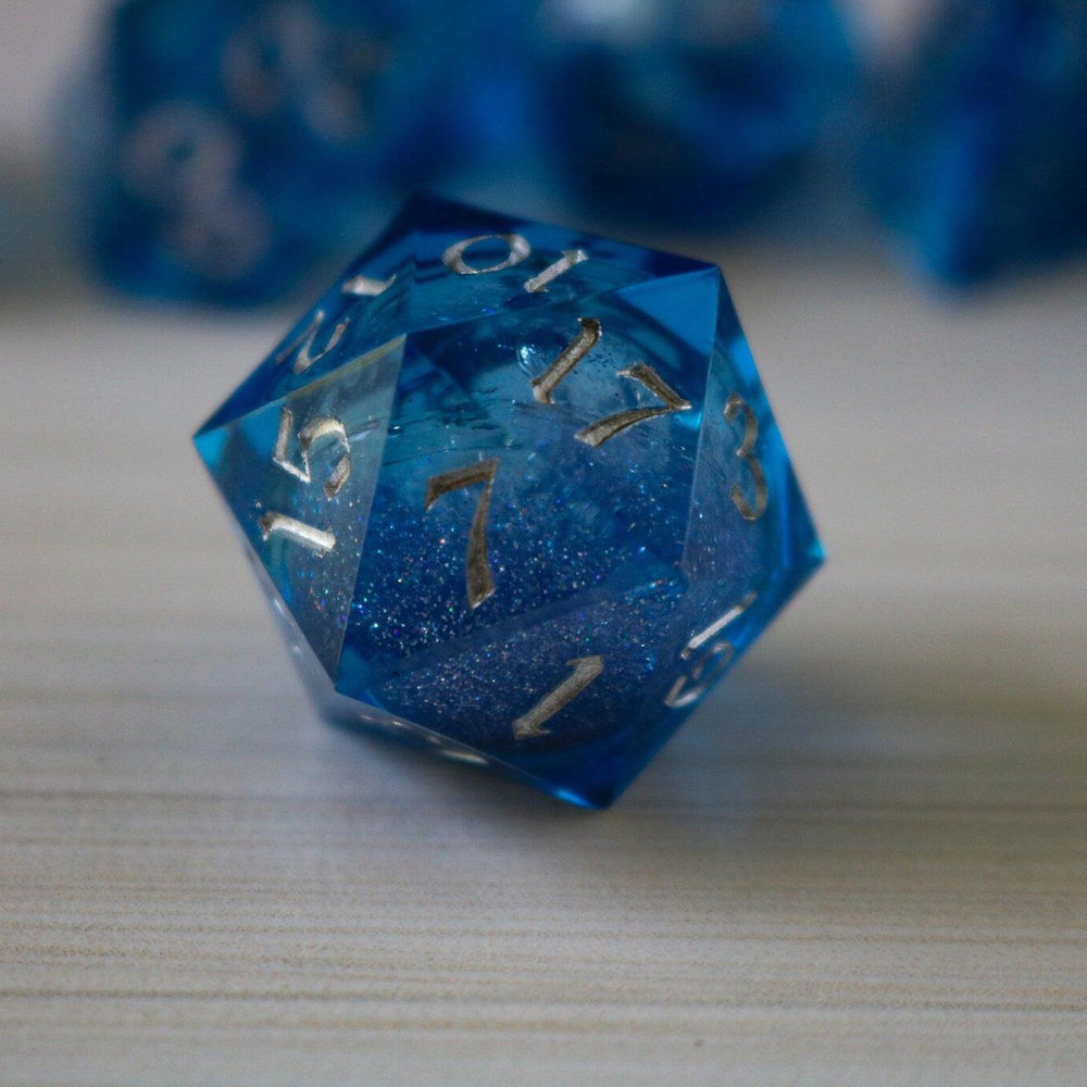 Blue Glitter Liquid Core Sharp Edge Handmade Resin DND Dice Set (ONLINE ORDER ONLY)