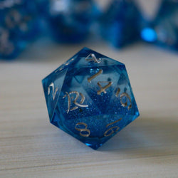 Blue Glitter Liquid Core Sharp Edge Handmade Resin DND Dice Set (ONLINE ORDER ONLY)