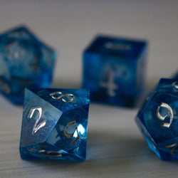 Blue Glitter Liquid Core Sharp Edge Handmade Resin DND Dice Set (ONLINE ORDER ONLY)