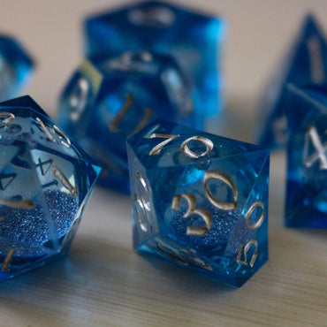 Blue Glitter Liquid Core Sharp Edge Handmade Resin DND Dice Set (ONLINE ORDER ONLY)