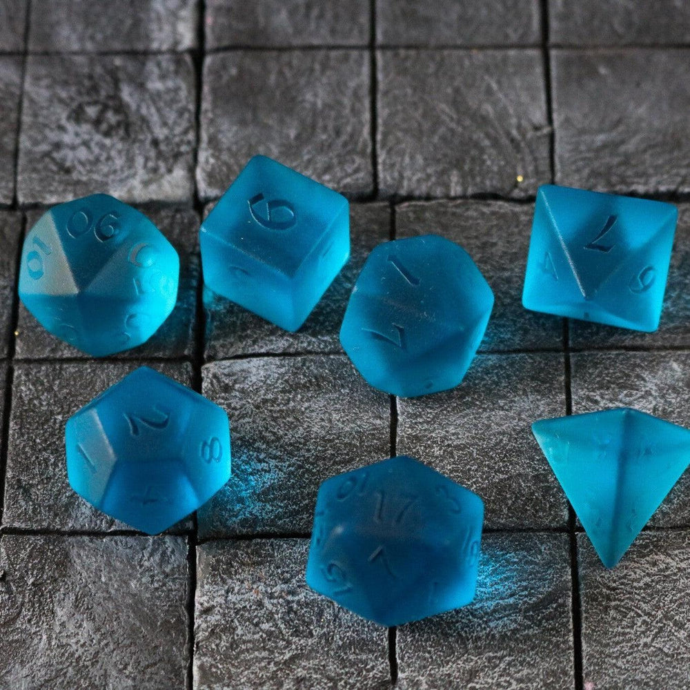 Blue Zircon Hand Carved Glass DND Dice Set (ONLINE ORDER ONLY)