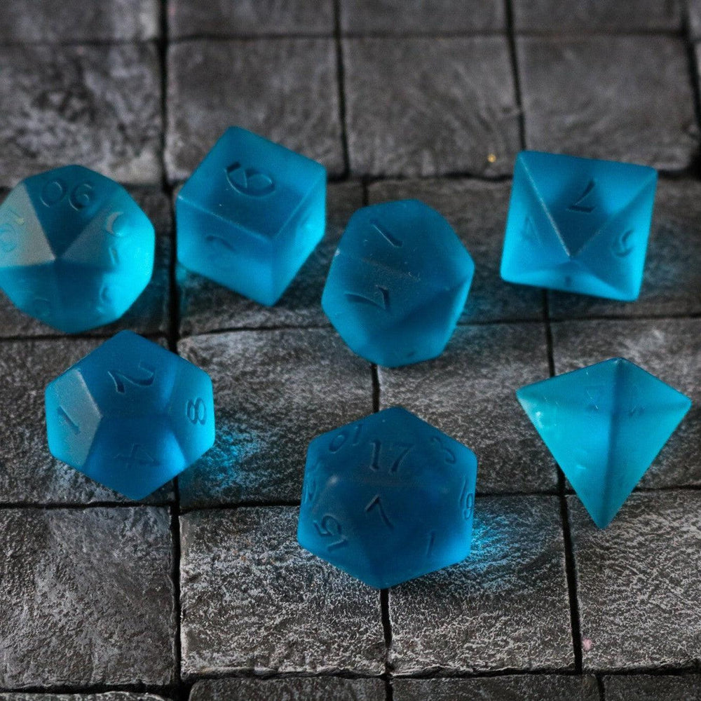 Blue Zircon Hand Carved Glass DND Dice Set (ONLINE ORDER ONLY)