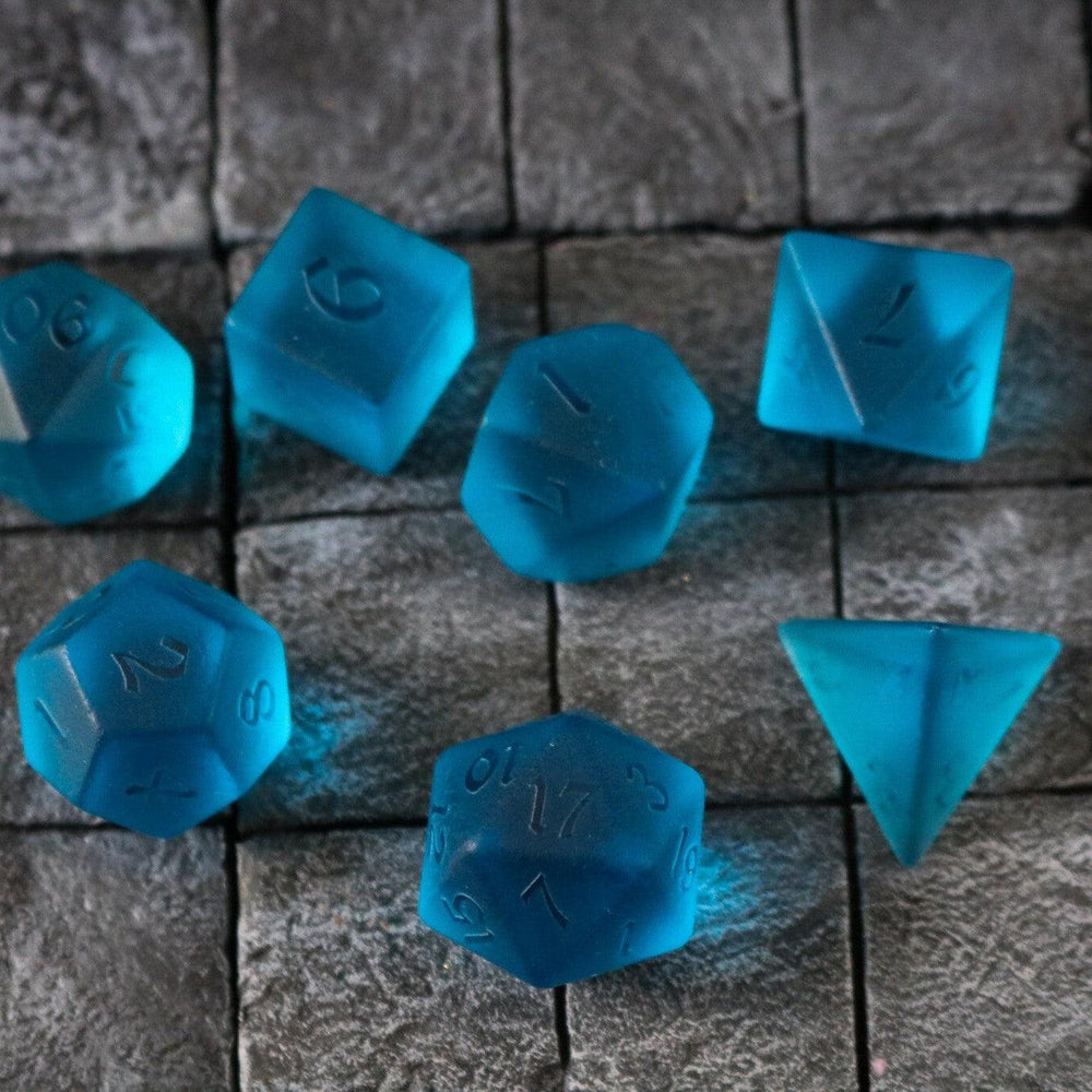 Blue Zircon Hand Carved Glass DND Dice Set (ONLINE ORDER ONLY)