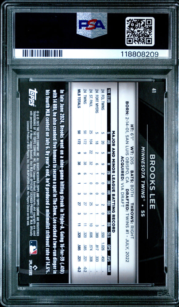 Graded 2025 Topps Chrome Black Brooks Lee #41 Blue Refractor /150 Rookie RC Baseball Card PSA 10 Gem Mint (ONLINE ORDER ONLY)