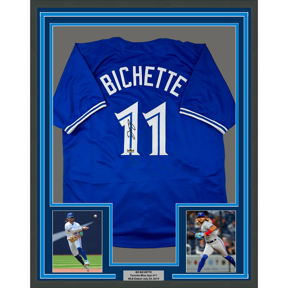 Framed Facsimile Autographed Bo Bichette 35x39 Toronto Blue Reprint Laser Auto Baseball Jersey (ONLINE ORDER ONLY)