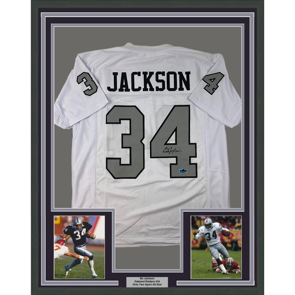 Framed Facsimile Autographed Bo Jackson 35x39 Oakland Las Vegas Color Rush White Reprint Laser Auto Football Jersey Size Men's XL (ONLINE ORDER ONLY)