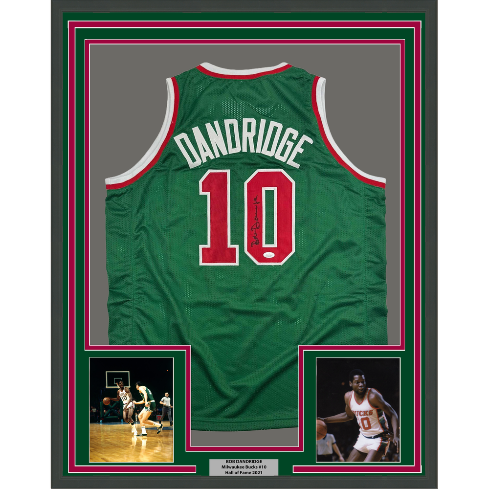Framed Autographed/Signed Bob Dandridge 35x39 Milwaukee Green Basketball Jersey JSA COA