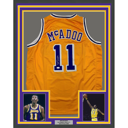 Framed Autographed/Signed Bob McAdoo 35x39 Los Angeles Yellow Basketball Jersey JSA COA