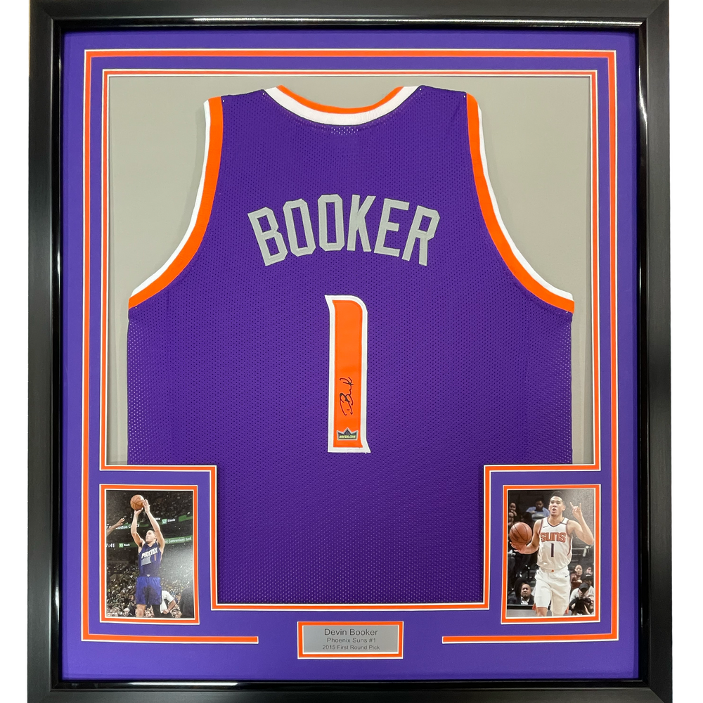 Framed Facsimile Autographed Devin Booker 35x39 Phoenix Purple Reprint Laser Auto Basketball Jersey (ONLINE ORDER ONLY)