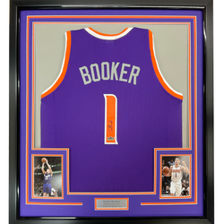 Framed Facsimile Autographed Devin Booker 35x39 Phoenix Purple Reprint Laser Auto Basketball Jersey (ONLINE ORDER ONLY)