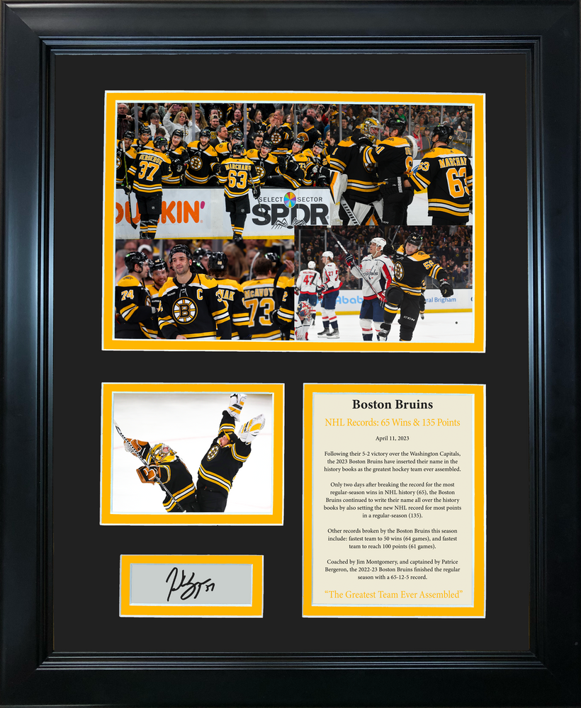 Framed 2022-23 Boston Bruins The Greatest Team Ever Assembled Record Wins & Points - Patrice Bergeron Facsimile Laser Engraved Signature Auto 11"x14"Hockey Photo Sig Collage (ONLINE ORDER ONLY)