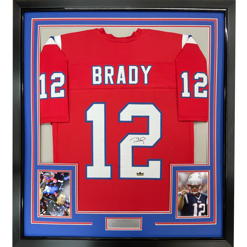 Framed Facsimile Autographed Tom Brady 35x39 New England Red Reprint Laser Auto Football Jersey (ONLINE ORDER ONLY)