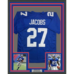 Framed Autographed/Signed Brandon Jacobs 35x39 New York Blue Football Jersey Beckett BAS COA