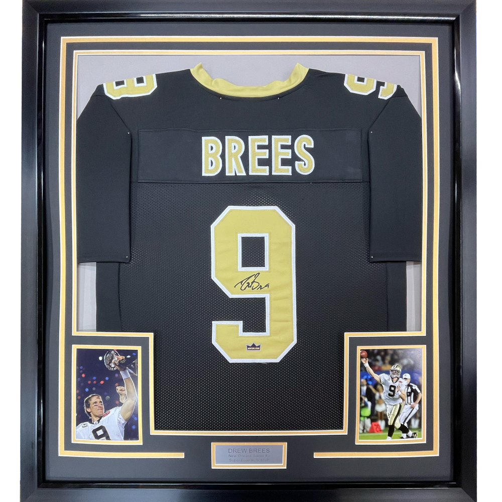 Framed Facsimile Autographed Drew Brees 35x39 New Orleans Black Reprint Laser Auto Football Jersey Size Men's XL (ONLINE ORDER ONLY)