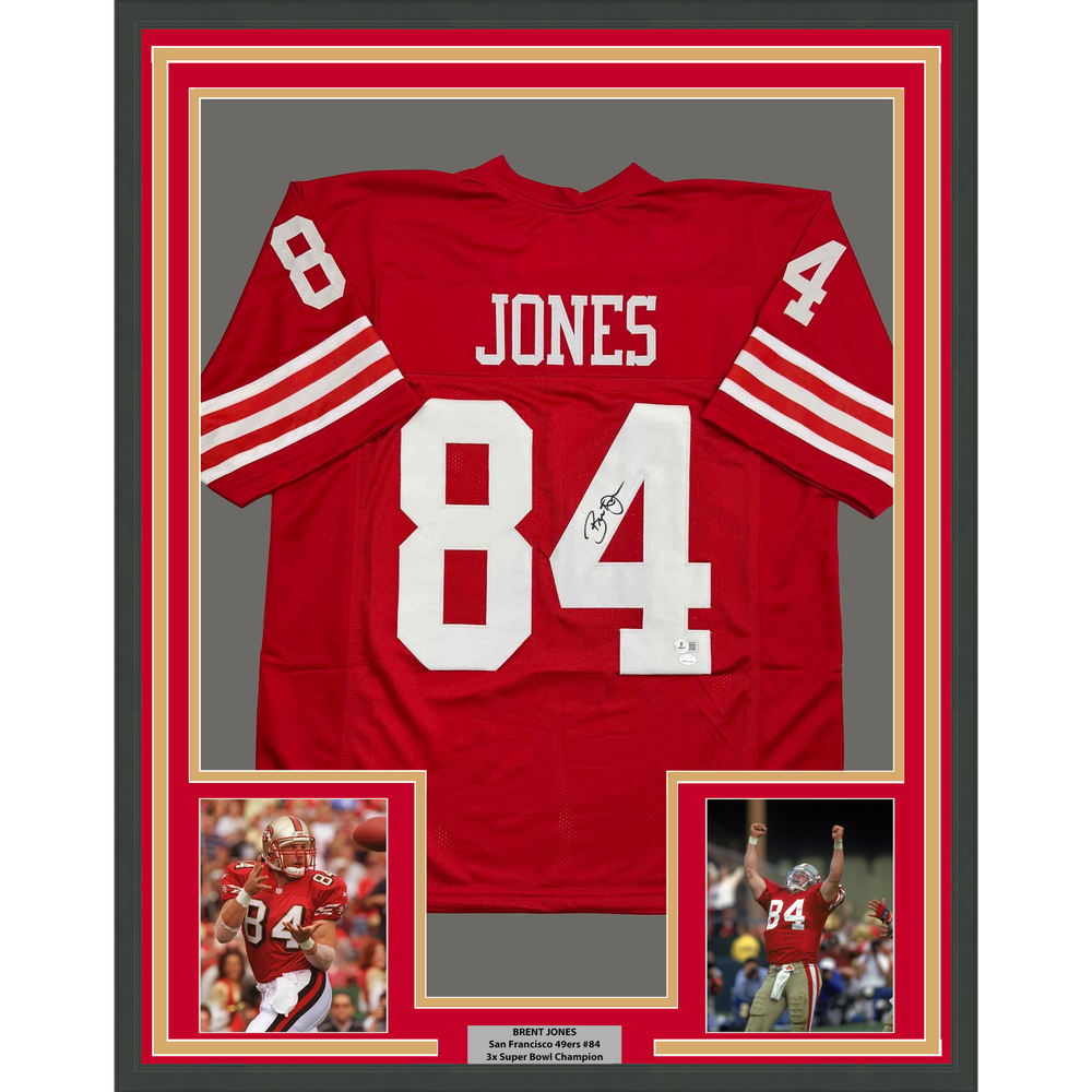 Framed Autographed/Signed Brent Jones 35x39 San Francisco Red Football Jersey Beckett BAS COA