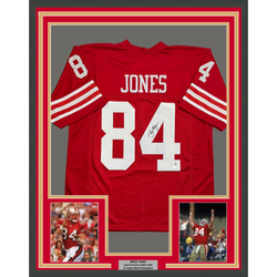 Framed Autographed/Signed Brent Jones 35x39 San Francisco Red Football Jersey Beckett BAS COA