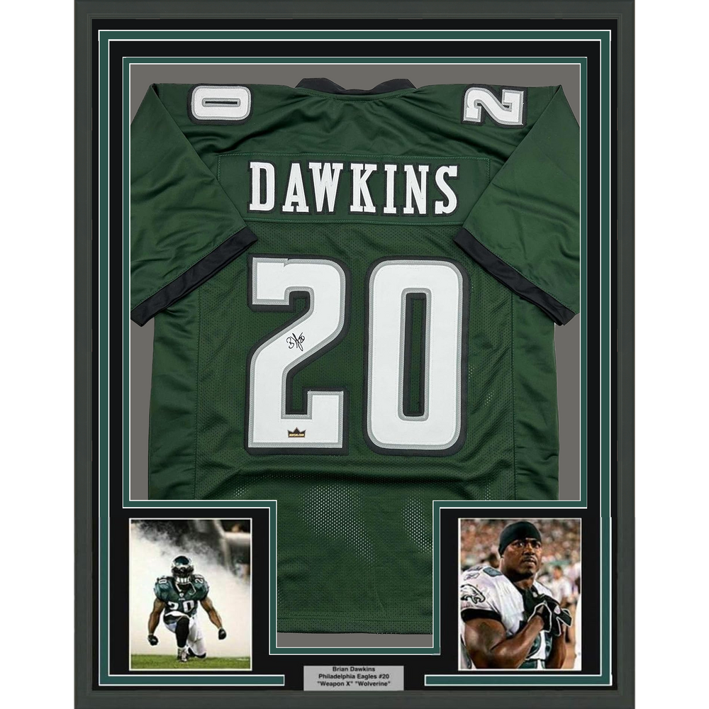 Framed Facsimile Autographed Brian Dawkins 35x39 Philadelphia Green Reprint Laser Auto Football Jersey (ONLINE ORDER ONLY)