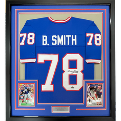 Framed Facsimile Autographed Bruce Smith 35x39 Buffalo Blue Reprint Laser Auto Football Jersey (ONLINE ORDER ONLY)