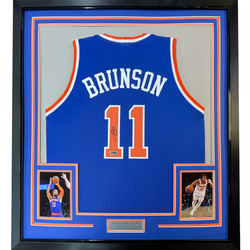 Framed Facsimile Autographed Jalen Brunson 35x39 New York Blue Reprint Laser Auto Basketball Jersey (ONLINE ORDER ONLY)