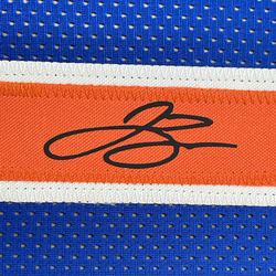 Framed Facsimile Autographed Jalen Brunson 35x39 New York Blue Reprint Laser Auto Basketball Jersey (ONLINE ORDER ONLY)