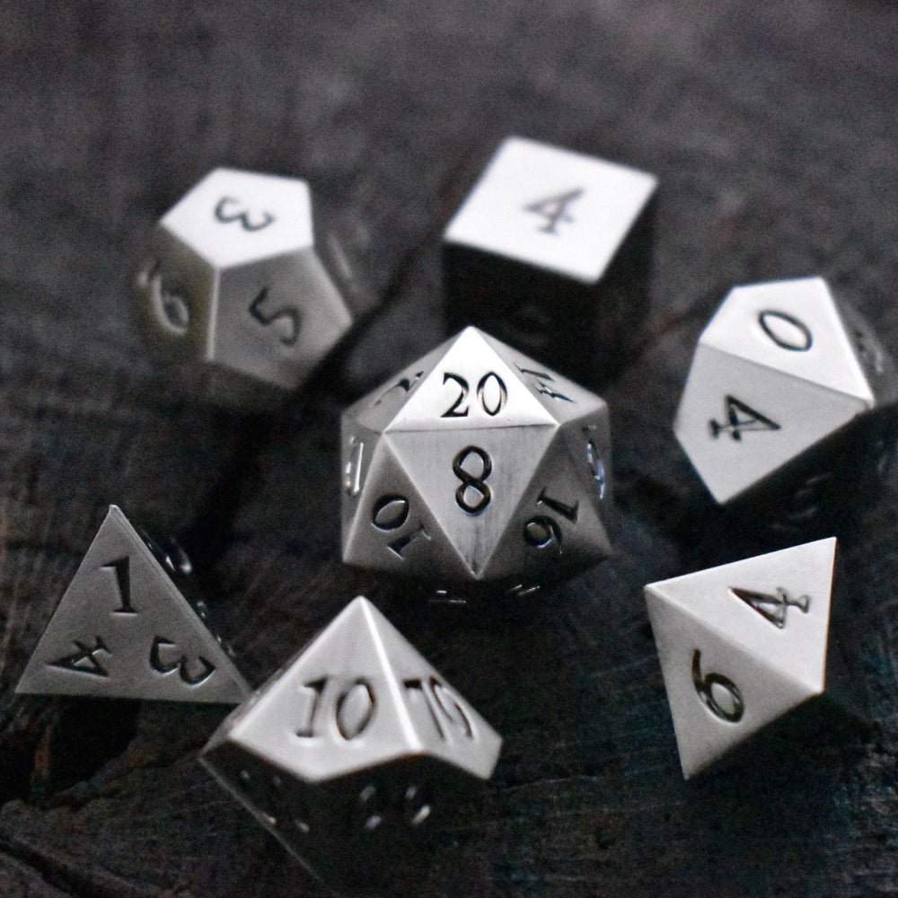 PRE-ORDER || Brushed Silver Sharp-Edged Metal Dice SetR